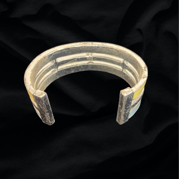 Metal Wrist Cuff in Blue, Yellow, and Silver with Pink Rhinestones - Picture 8 of 8